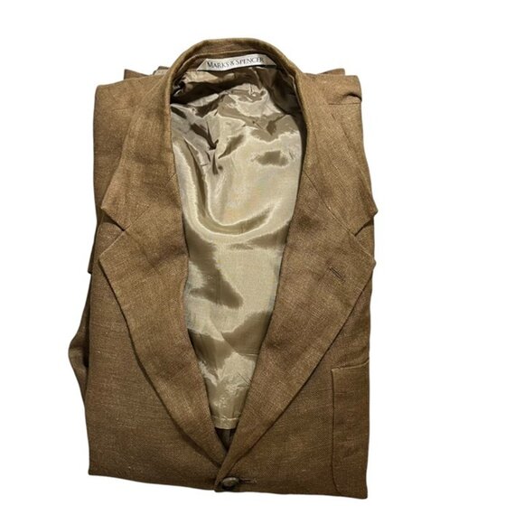 St. Michael Marks & Spencer men's blazer M brown 100% linen 3 button vintage - Picture 6 of 6